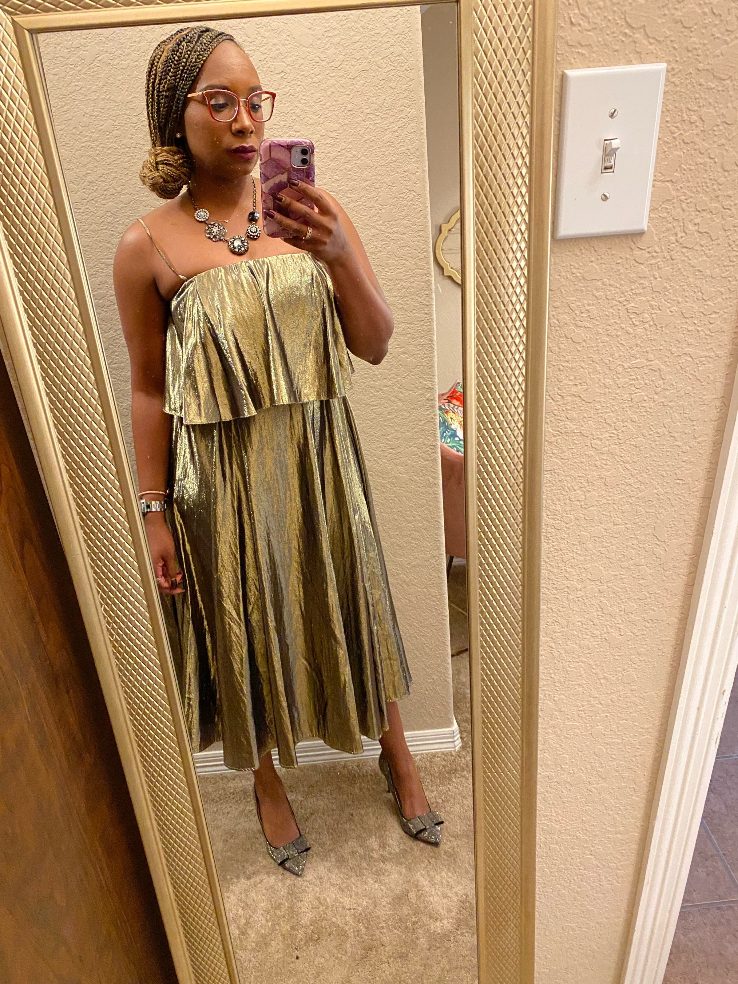 j crew gold pleated dress J.Crew Black Bow Top + Eliza J Pleated Gold Skirt  bows & sequins