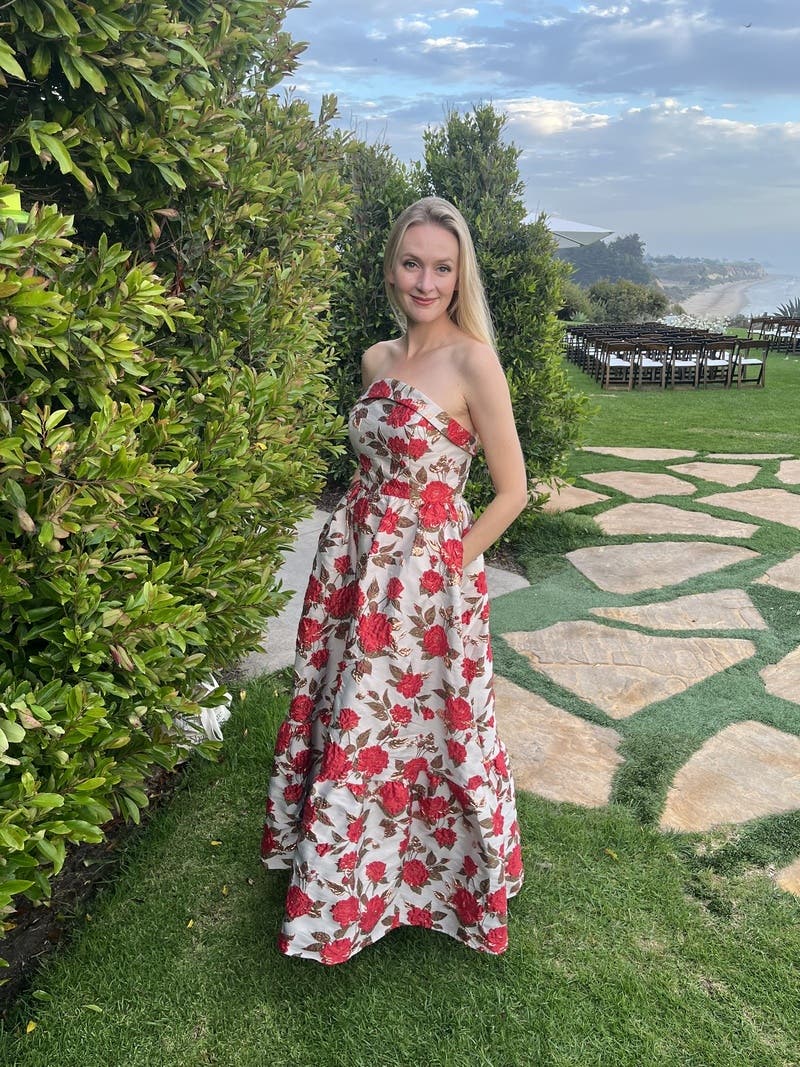 【Mac Duggal】リボン付フローラルブロケードノースリーブミディ Multicolor Brocade Strapless Floral Gown With Ruffle Hem