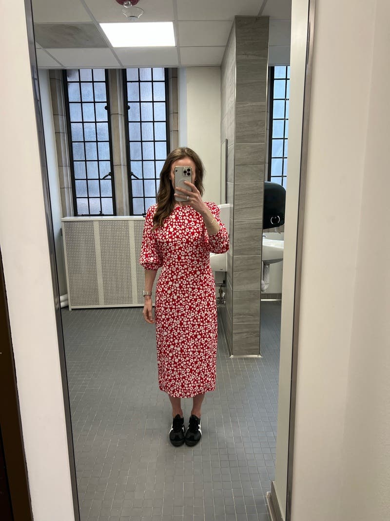 Satin Midi Dress with Red and White Pop Fields Motif by