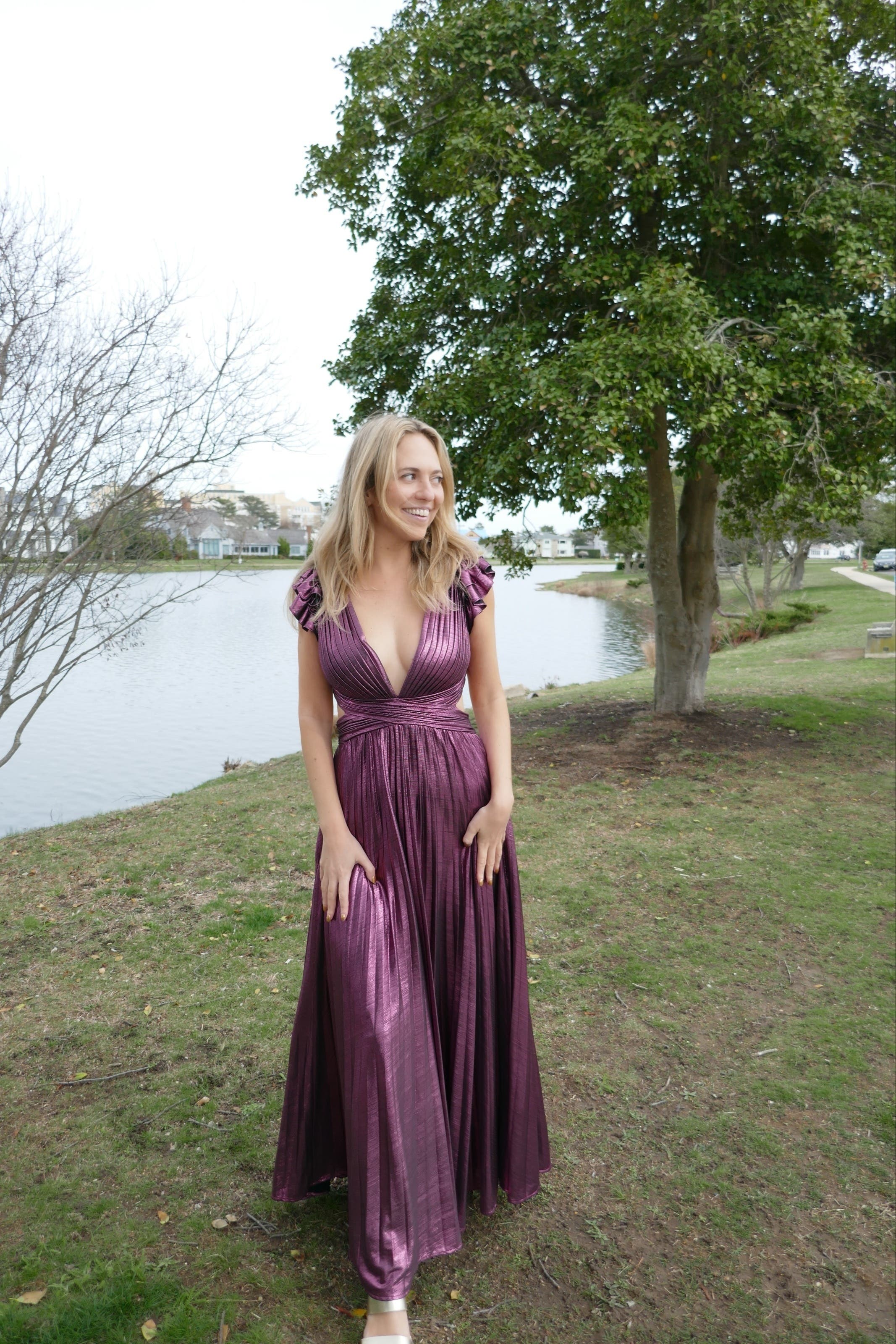 Ruffle Sleeve Metallic Gown by Ieena for Mac Duggal | Rent