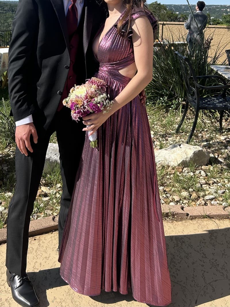 Ruffle Sleeve Metallic Gown by Ieena for Mac Duggal | Rent