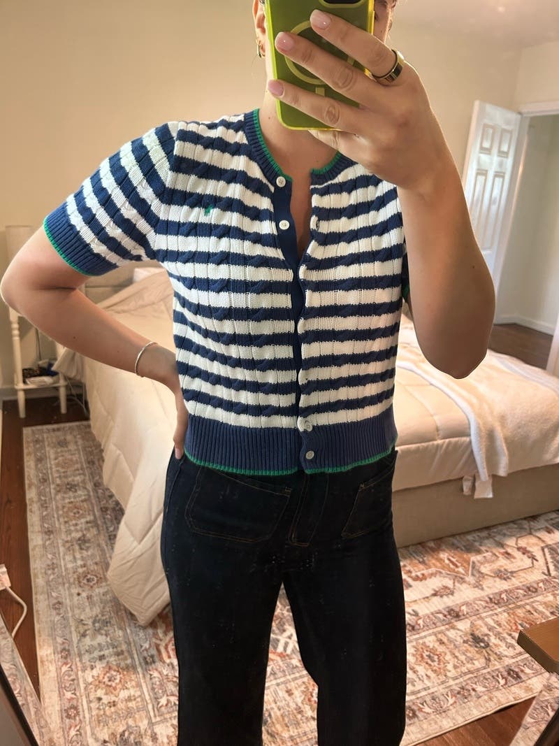 公式購入STRIPE CABLE HALF SLEEVE CARDIGAN 1 Striped Cable Short Sleeve Cardigan by Polo Ralph Lauren