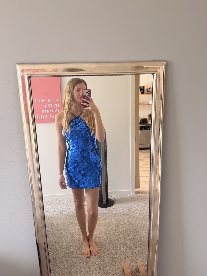 open back homecoming dress Sky Blue Sheath Sequin Open Back Mini Party Dresses with 3D Flowers, Red / 4