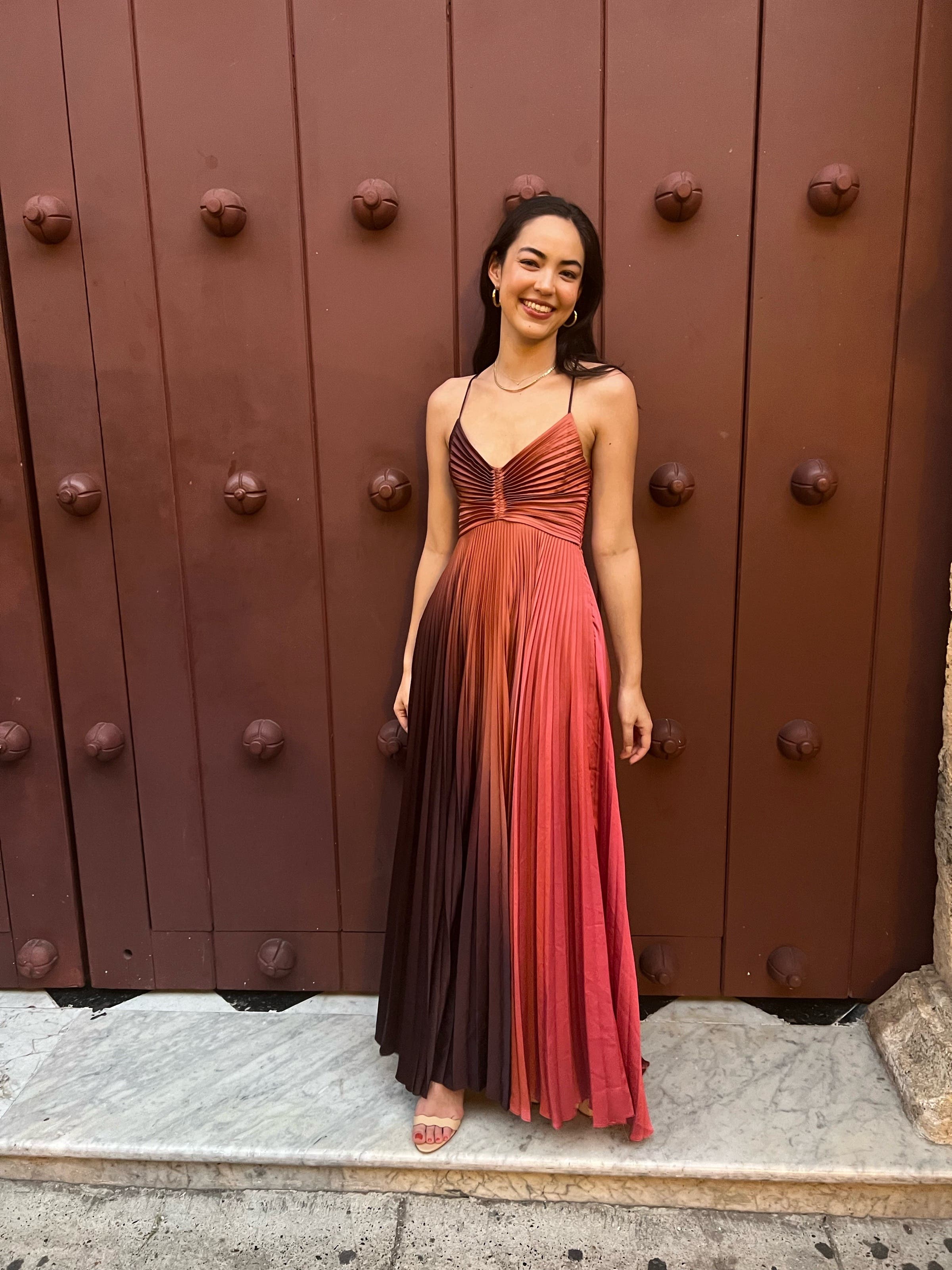 ariya ombre satin pleated dress Accordion Pleated Ombre Satin Dress