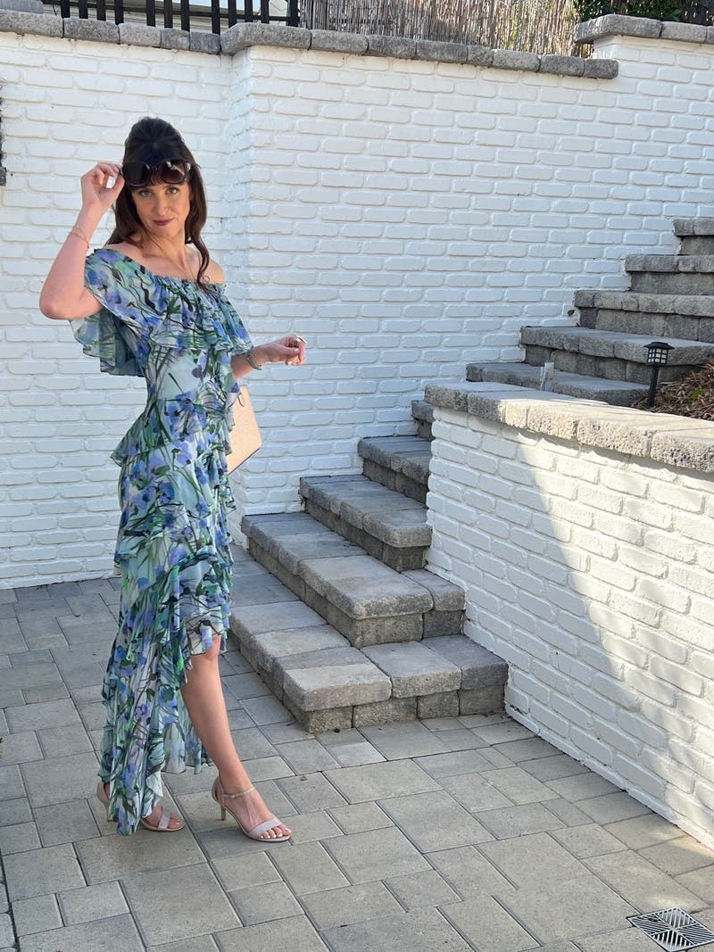 Blue Multi Printed High Low Maxi by Badgley Mischka | Rent