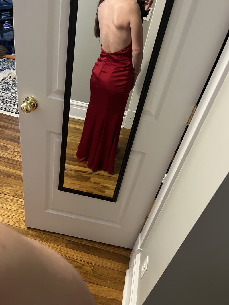 fame and partners vania red plunge halter satin dress Vania Plunge Halter Gown by Fame & Partners