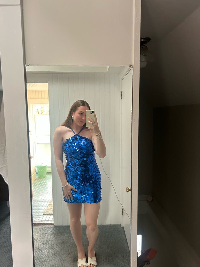 dress the population suri sequin dress Dress the Population Women's Suri Sequin Halter Cocktail Minidress - Blue