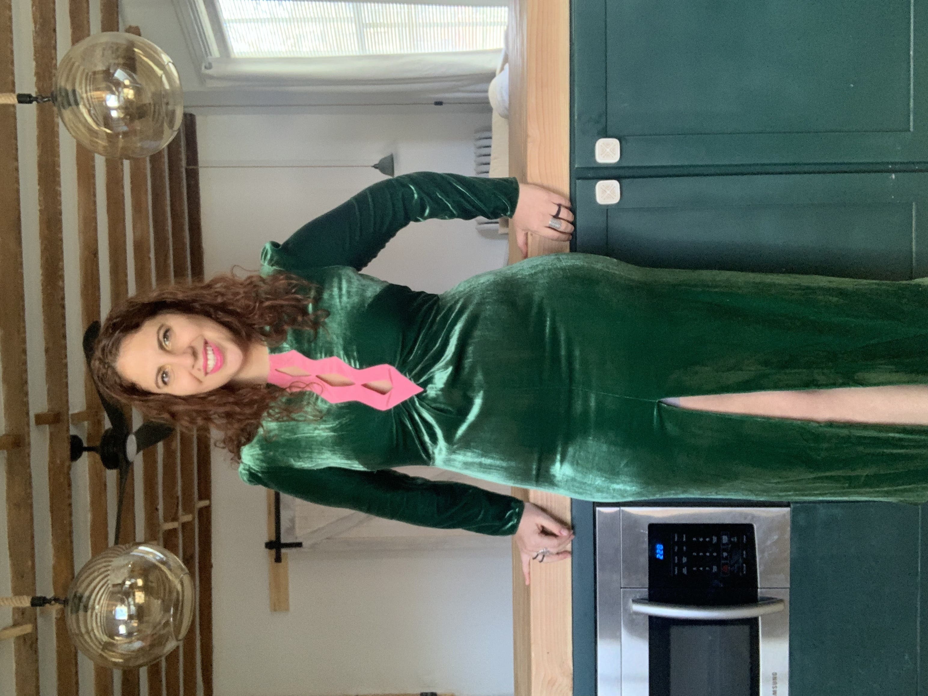 saloni green velvet dress Anna Cleveland Hack wears the Asher Racing Green Velvet for the Holiday  campaign., Wrap yourself in SALONI this Holiday season 