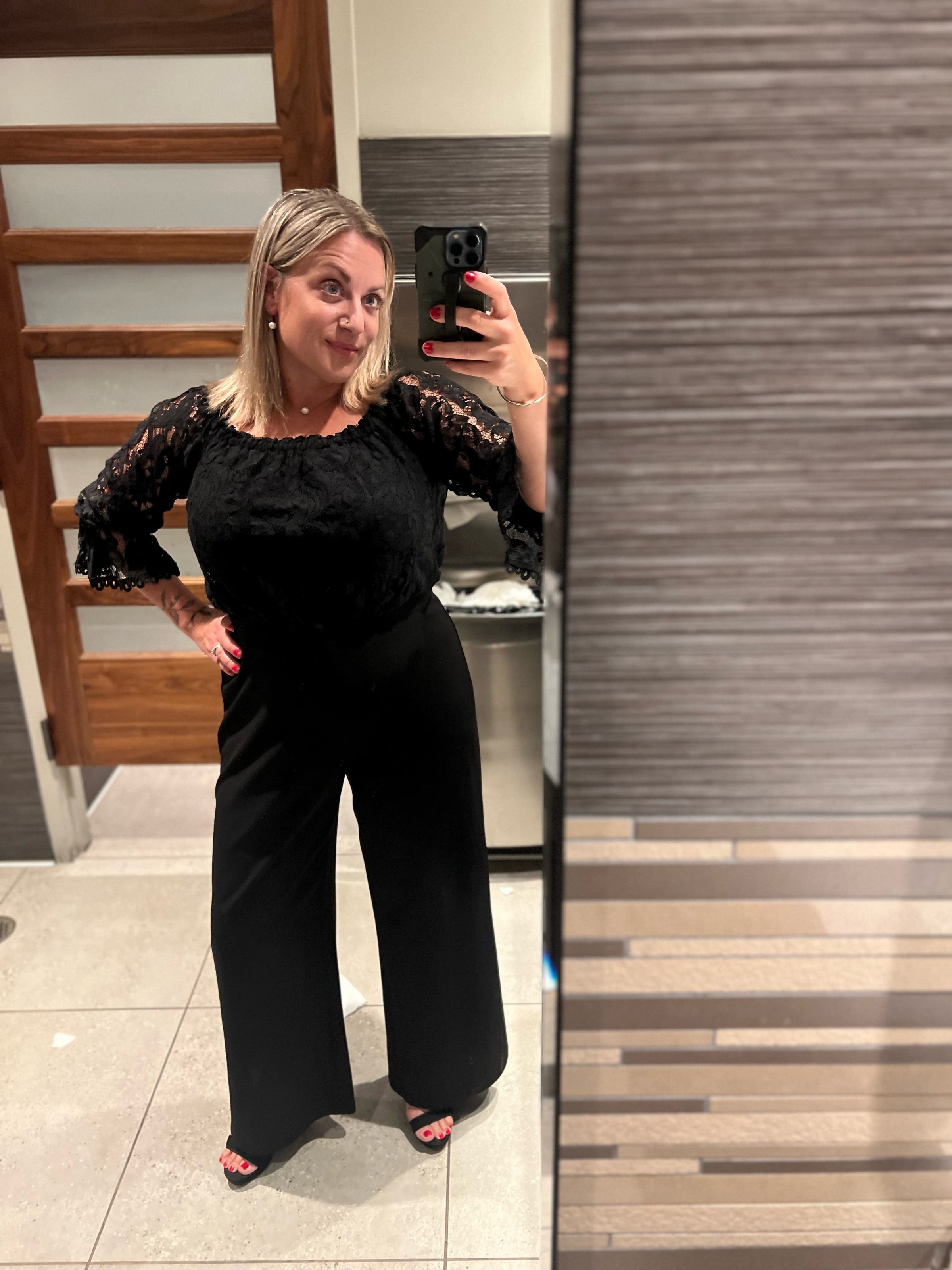 Black Lace Off Shoulder Jumpsuit by Adrianna Papell | Rent the Runway