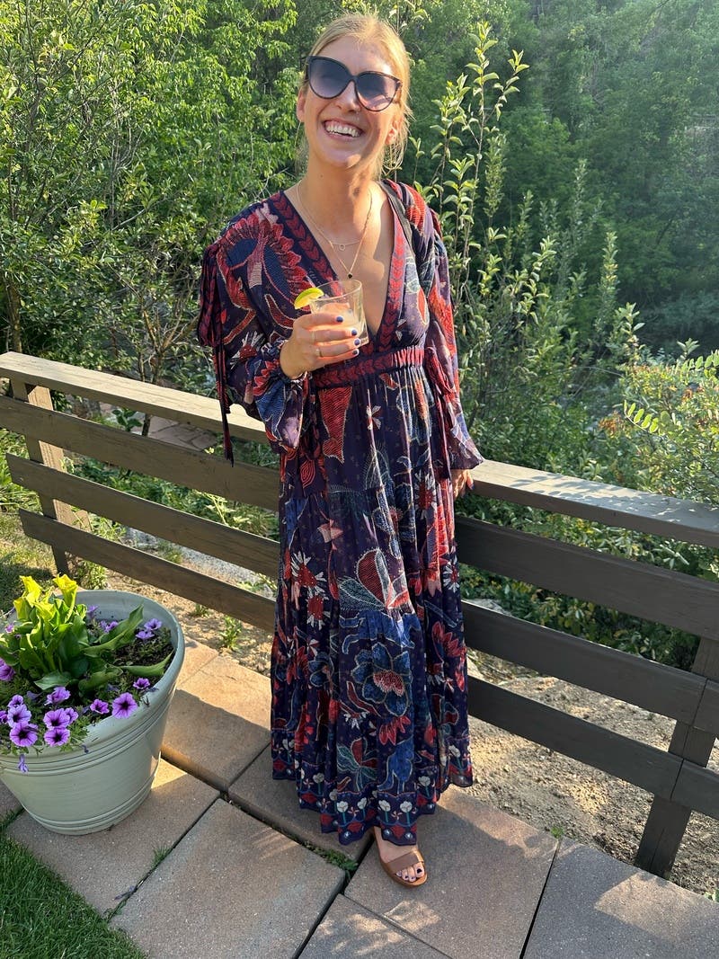 FARM Rio Tropical Shine Blue Print Chiffon Maxi Dress Size M – Pre-Owned