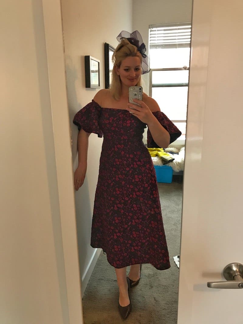 sahara  【WEB限定】Jacquard Belt Dress 値下げ中 Smoky Gray Floral jacquard dress | PRADA