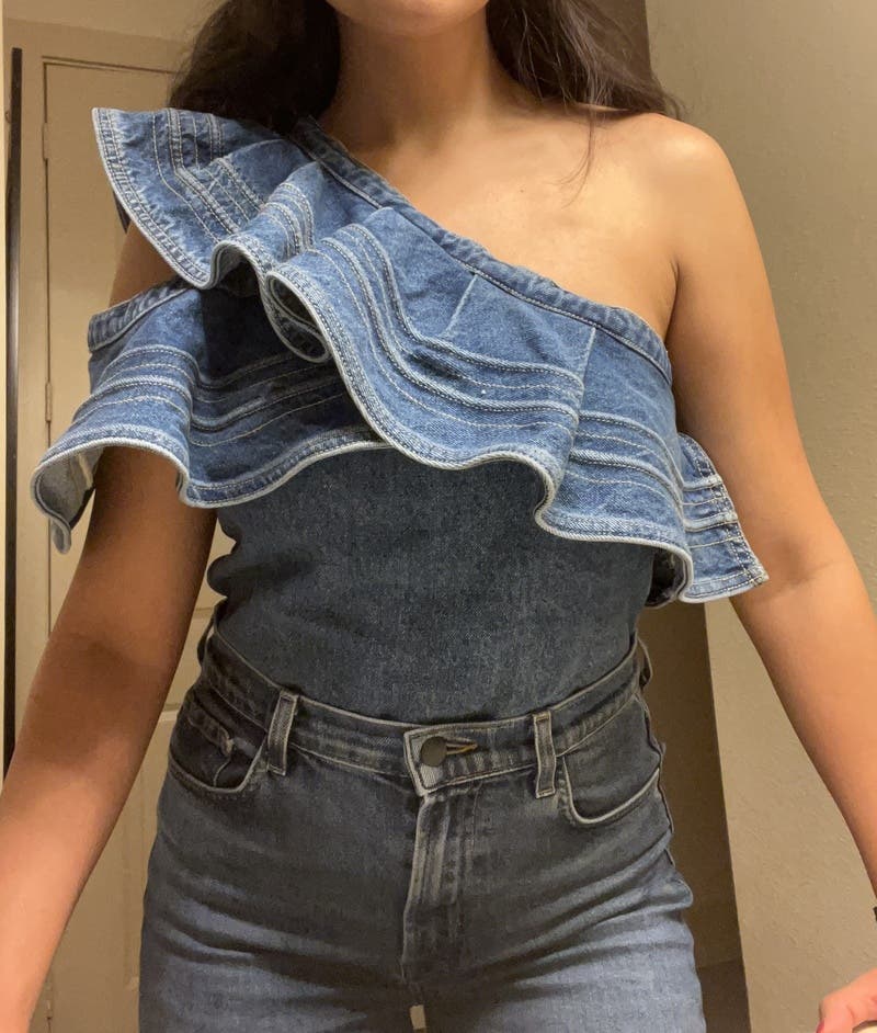 Denim Asymmetric Frill Top by Self-Portrait | Rent the Runway