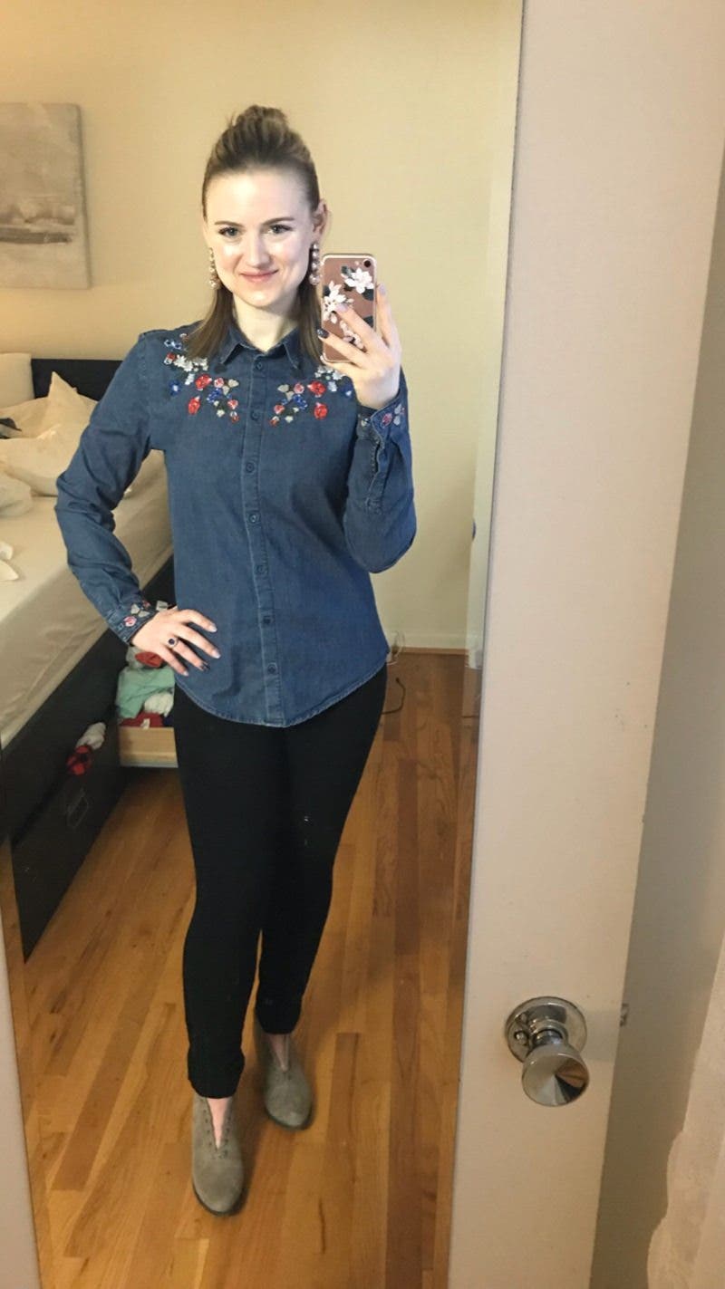 The Kooples Jeans刺繍デニムシャツ Floral Embroidered Denim Shirt by The Kooples | Rent the Runway