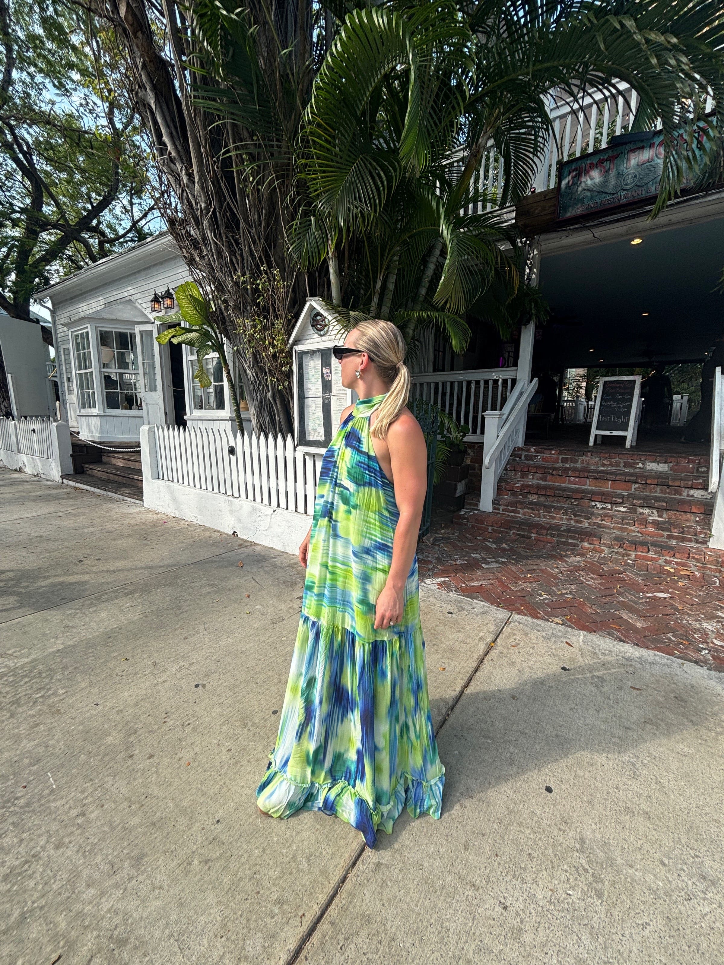 【EEUN】Draped Flow Dress Green Tie Dye Gown by One33 Social | Rent the Runway