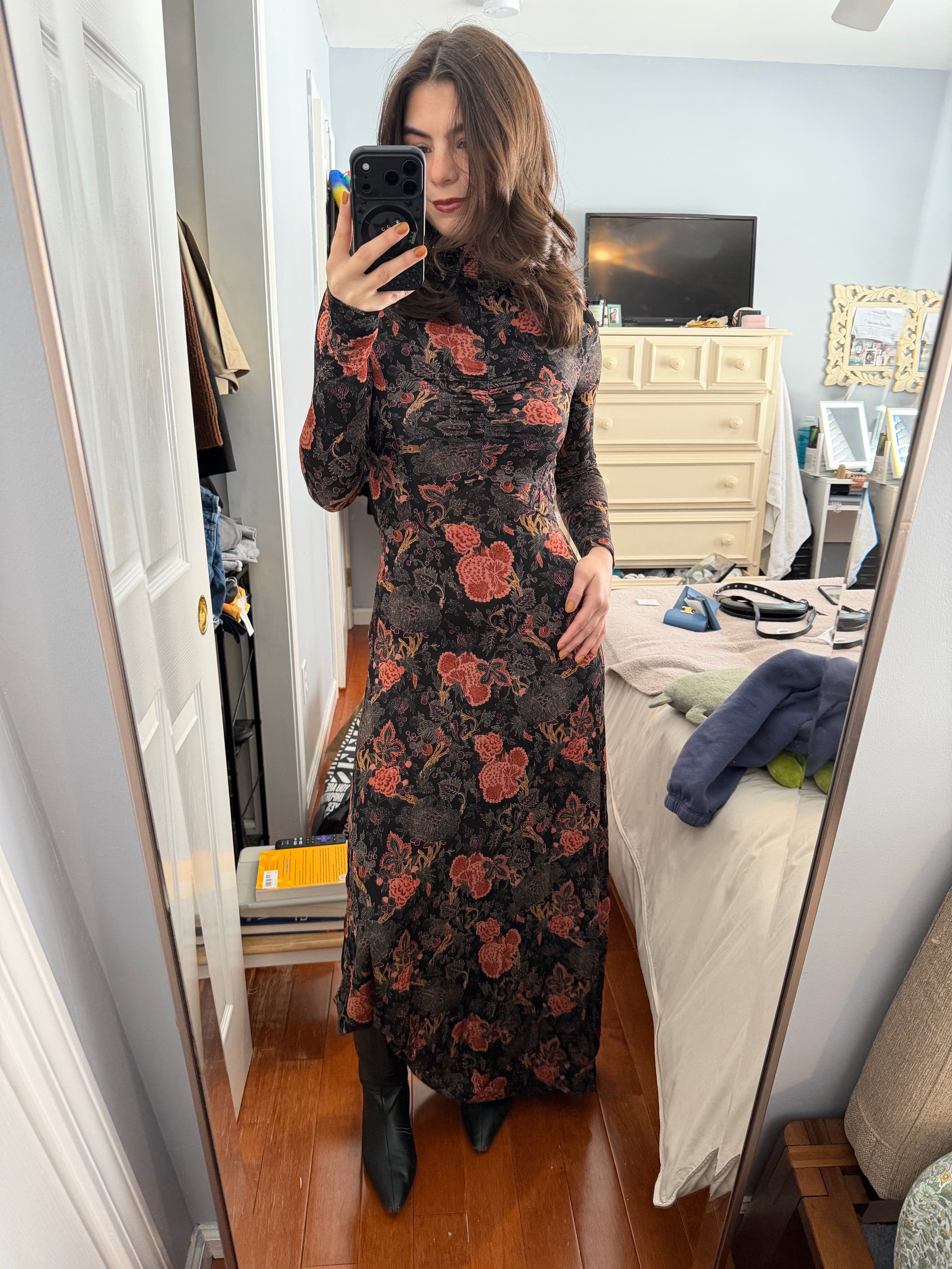 women's knee length dresses with sleeves Mosella Jacquard Puff Sleeve Midi Dress