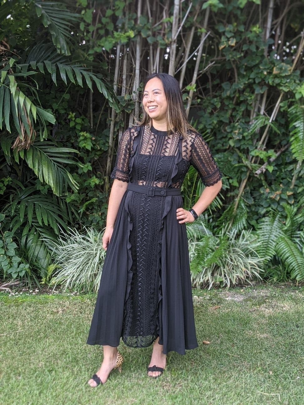 ワンピース louren geometric lace dress 美品✨】louren geometric lace dress ブラック S louren