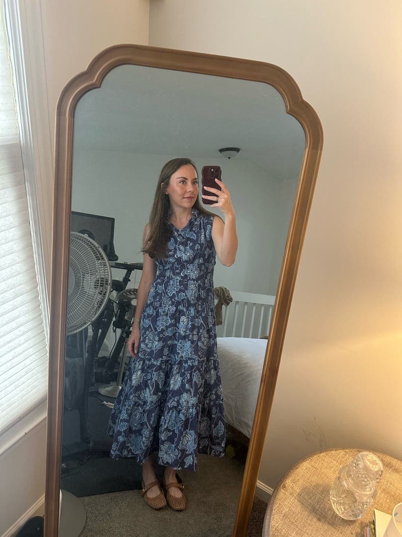 Blue Printed Smocked Midi Dress by Derek Lam 10 Crosby x RTR
