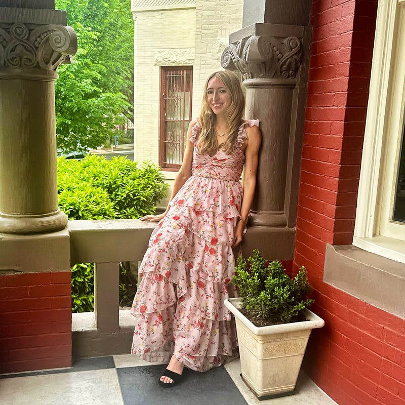 Pink Ruffled Floral Gown by Ieena for Mac Duggal | Rent the