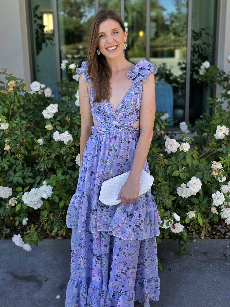 【Mac Duggal】ラッフルティアードエンブレスドフラッター Ruffle Tiered Cut-Out Floral Chiffon Dress by Ieena for Mac