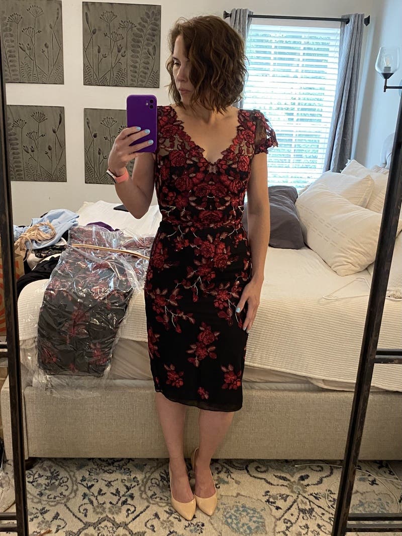 Red Floral Embroidered Sheath by Marchesa Notte | Rent the Runway