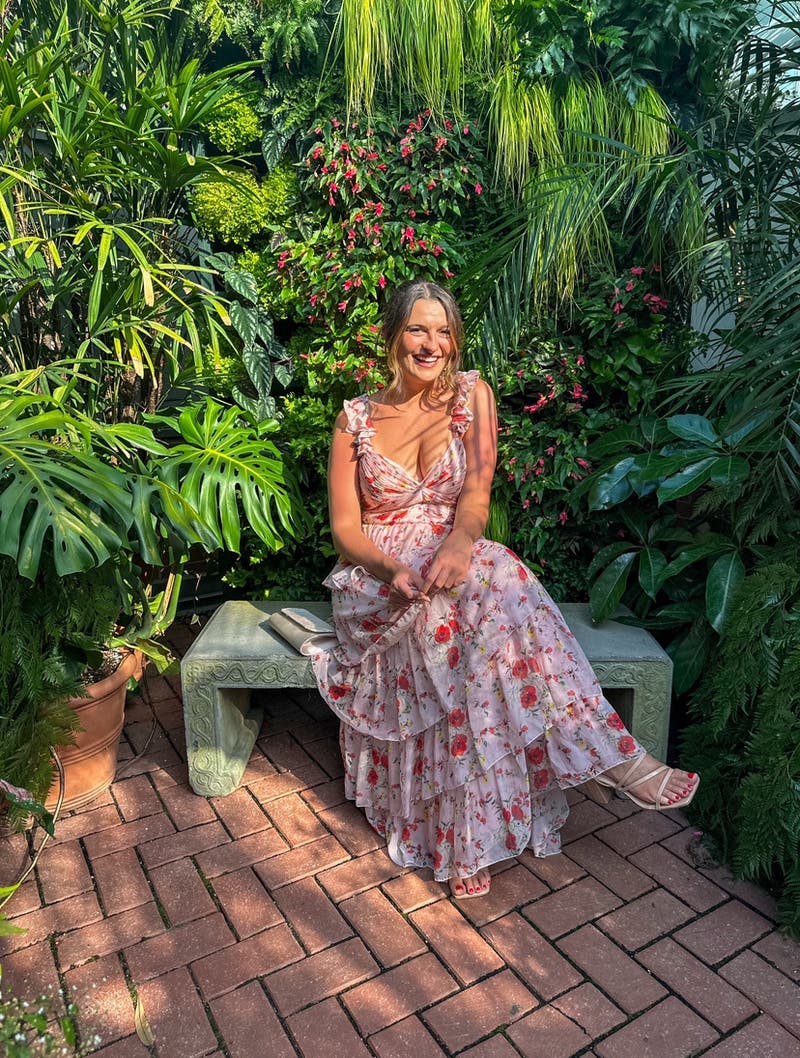 Pink Ruffled Floral Gown by Ieena for Mac Duggal | Rent the