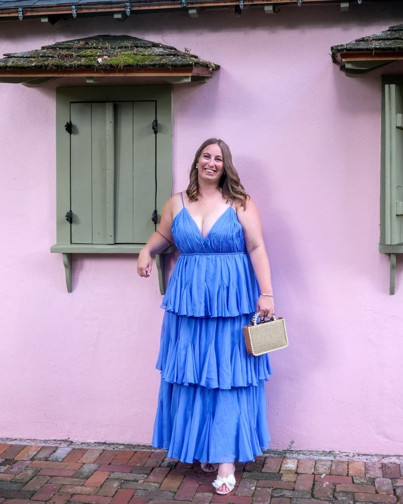 ★Mac Duggal★Blue ワンショルダー ティアード シフォンドレス Thin Strap Tiered Chiffon Gown by Ieena for Mac Duggal