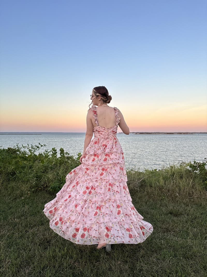 Pink Ruffled Floral Gown by Ieena for Mac Duggal | Rent the