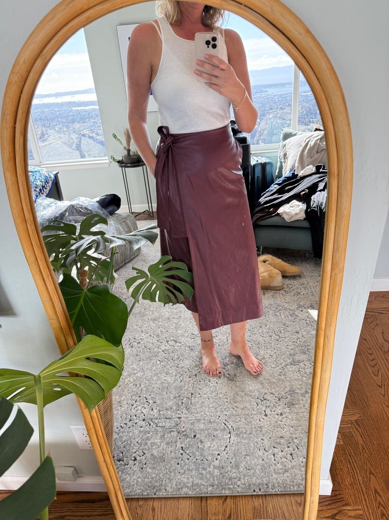 Burgundy Faux Leather Wrap Skirt by TOCCIN X RTR | Rent the