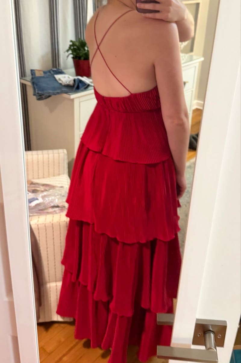 open lace back dress Red Satin Off The Shoulder Crossover Gown