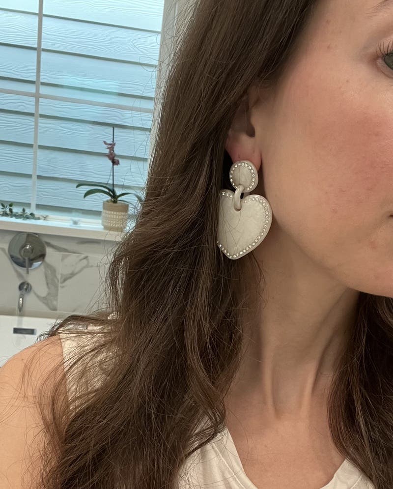 Jeweled Stitched Heart Earrings by Lele Sadoughi | Rent the