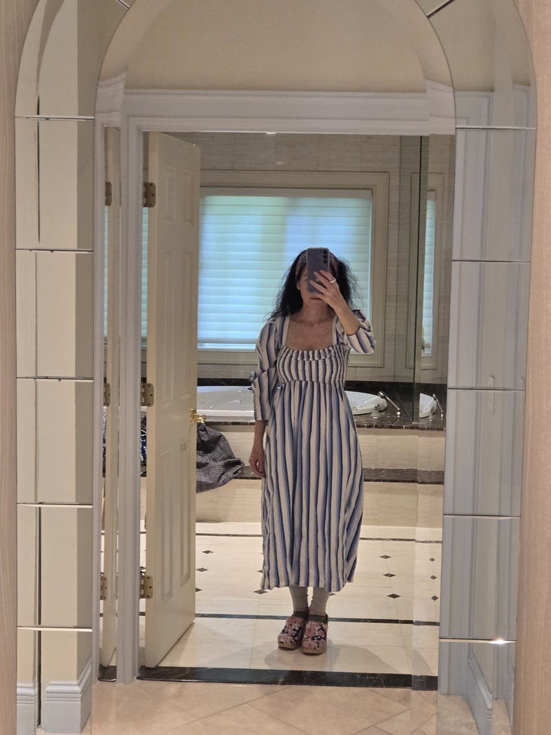 ganni blue and white striped dress GANNI Striped Shirtdress Blue Cotton Size 36 Long Sleeve Midi Dress NE –  Celebrity Owned main image 0