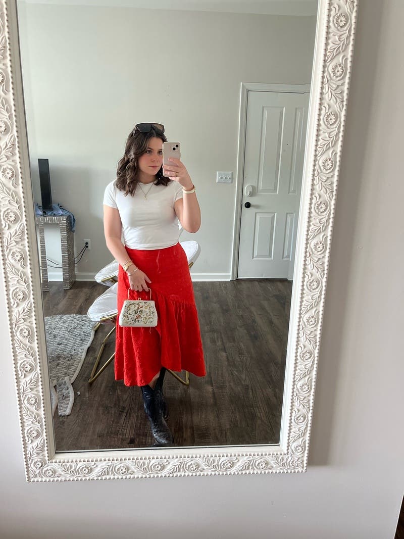 Red Ruffle Skirt by Love, Whit by Whitney Port | Rent the Runway