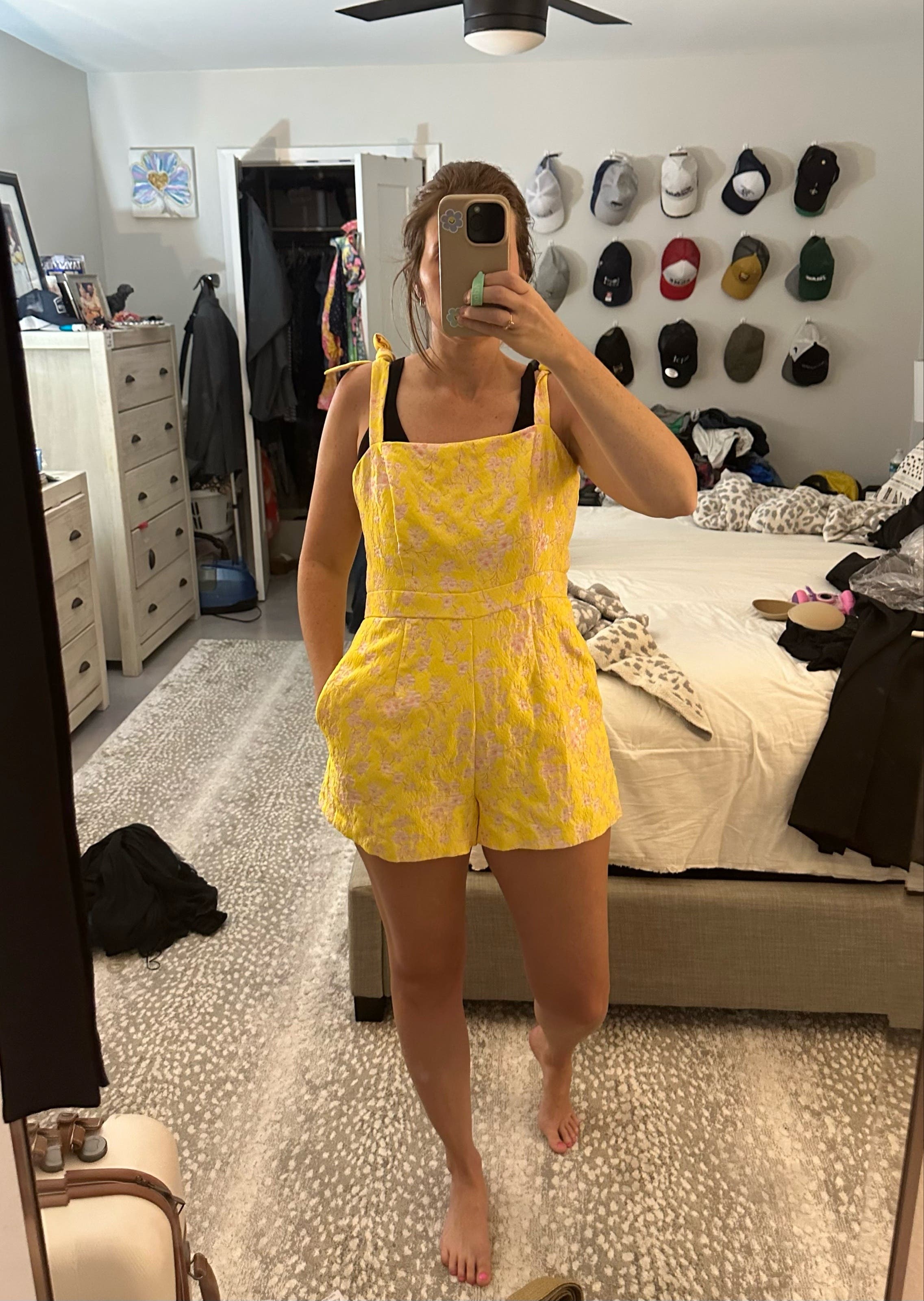 新品★ SHEER JACQUARD TAILORED ROMPERS Yellow Jacquard Romper by Slate & Willow | Rent the Runway