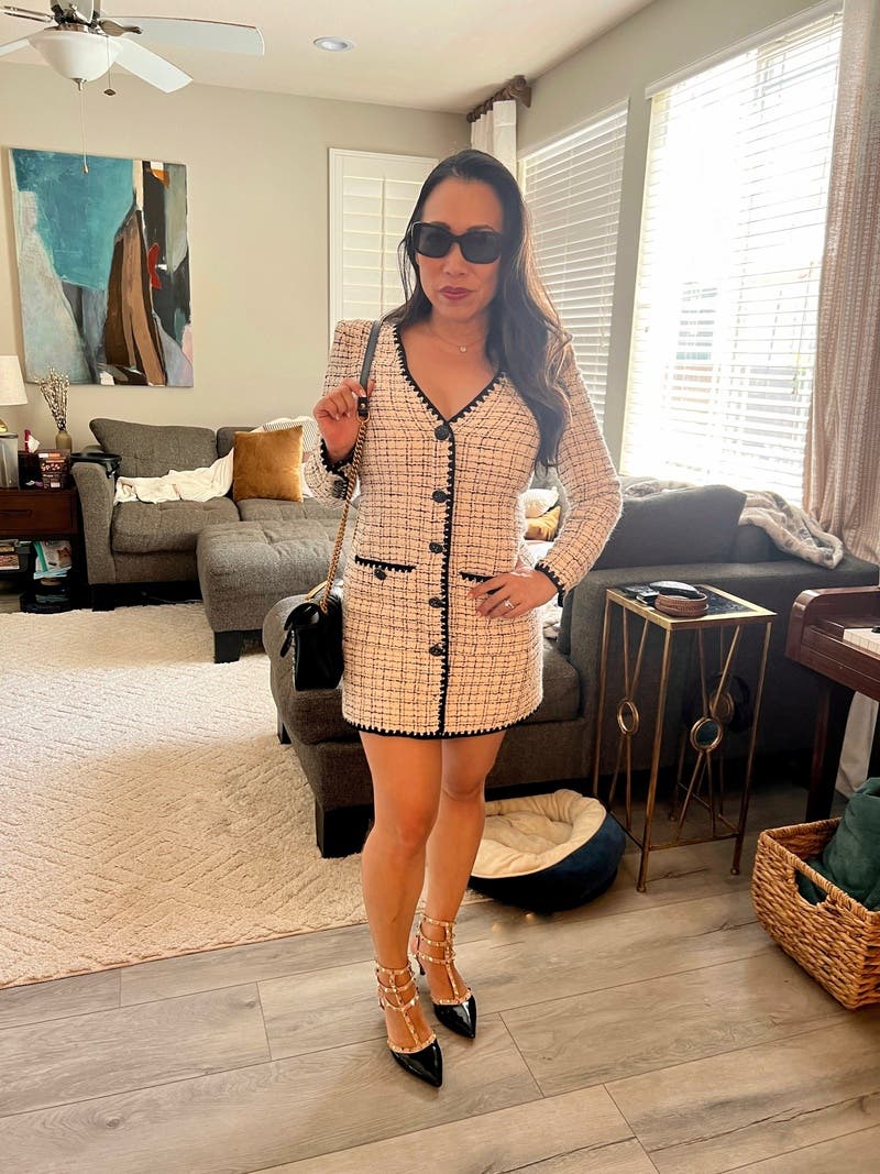 ワンピース [BAU by Bride And You] VERONICA Peaked midi tweed dress Plan your wedding with bride and you
