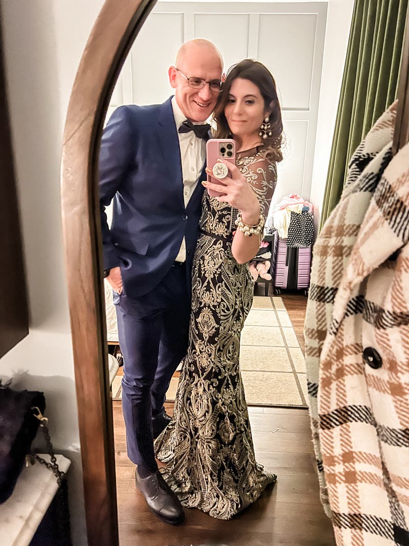 MARCHESA NOTTEロングドレス Marchesa Notte 結婚式・パーティードレス｜ネイビー、シルバーの刺繍