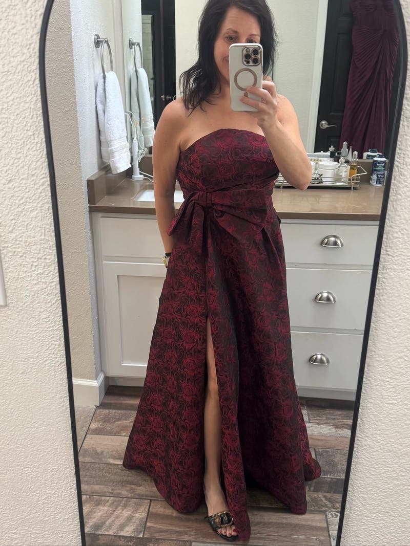 mac duggal one-shoulder bow floral brocade a-line maxi dress LF 7740