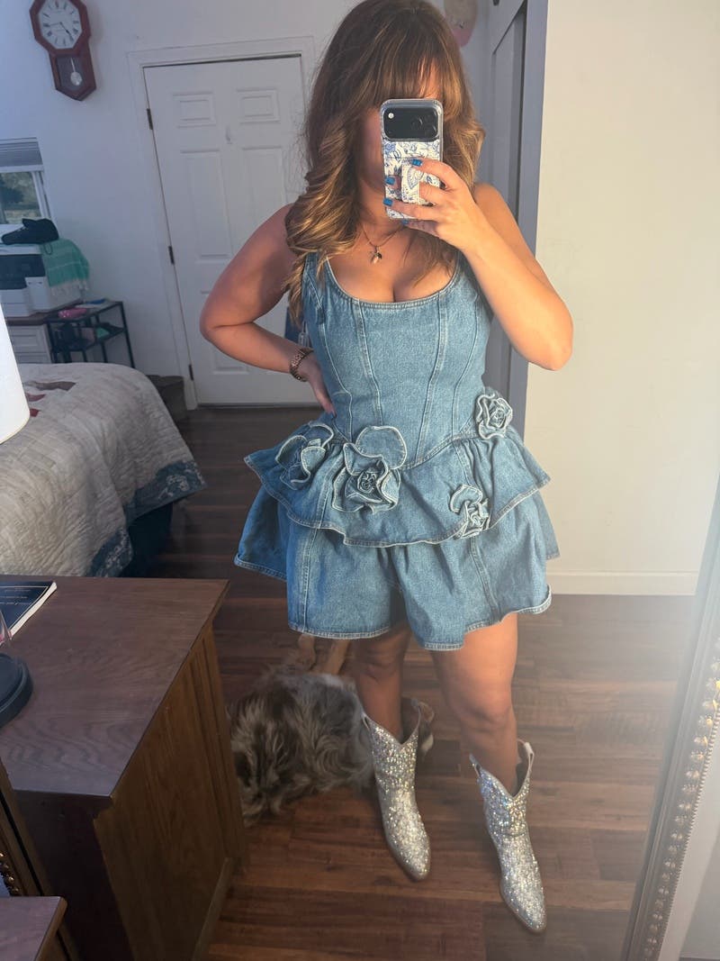 Devyn Saxe Blue Denim Ruffle Dress by AKNVAS | Rent the Runway